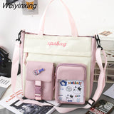Weiyinxing Women Student Canvas Shoulder Bag High Capacity Messenger Bag Handbag Women Nylon School Bag Multiple Pockets Contrast Color Bag