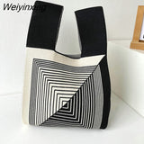 Weiyinxing Handmade Knit Handbag Women Japanese Wrist Knot Bag Wide Stripe Plaid Tote Bag Students Mini Reusable Shopping Bags