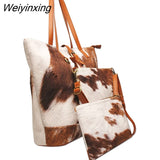 Weiyinxing FASHION Velvet Tote Bags for Women 3 Pieces Set Large Capacity Purses and Handbags Cow Printing Winter Shoulder Bags