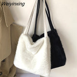 Weiyinxing Women's Shopper Bag Plush Tote Shoulder Bags For Women 2023 Fluffy Female Handbag Fur Ladies Hand Shoppers Bag Black Sac A Main