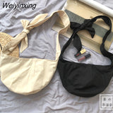 Weiyinxing Canvas Dumpling Bag Women's Shoulder Bag 2023 New Korean Chic Lace Up Half Moon Messenger Bag Lady