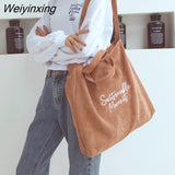 Weiyinxing New Corduroy Large-capacity Crossbody Bags for Women Literary Embroidery Tote Shoulder Bags Letter Zipper Retro Handbags