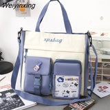 Weiyinxing Women Student Canvas Shoulder Bag High Capacity Messenger Bag Handbag Women Nylon School Bag Multiple Pockets Contrast Color Bag