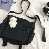 Weiyinxing Women Canvas Bag Female Buckle Zipper Messenger Bag Women High Capacity Student Solid Color Multiple Bag Travel Bag Cute Pendant