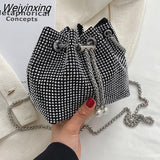 Weiyinxing Diamond Glitter Drawstring Handbags and Purses 2023 Luxury Designer Women's Mini Chain Bucket Shoulder Crossbody Bag