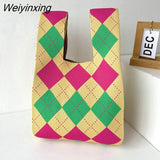 Weiyinxing Handmade Knit Handbag Women Japanese Wrist Knot Bag Wide Stripe Plaid Tote Bag Students Mini Reusable Shopping Bags