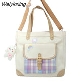 Weiyinxing Women Large Capacity One Shoulder Canvas Bag Women Handbag Shoulder Bag Checked Bag Student School Bag Tote Bag Shopper Bag