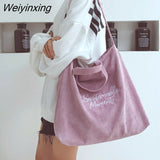 Weiyinxing New Corduroy Large-capacity Crossbody Bags for Women Literary Embroidery Tote Shoulder Bags Letter Zipper Retro Handbags