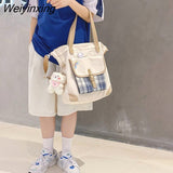 Weiyinxing Women Large Capacity One Shoulder Canvas Bag Women Handbag Shoulder Bag Checked Bag Student School Bag Tote Bag Shopper Bag