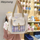 Weiyinxing Women Large Capacity One Shoulder Canvas Bag Women Handbag Shoulder Bag Checked Bag Student School Bag Tote Bag Shopper Bag