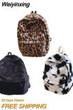 Weiyinxing Women Cow Print Backpack Multi-Pockets Shoulder Bags Winter Soft Plush Leopard Pattern Travel Bag Fluffy School Book Bag