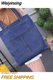 Weiyinxing New Large Capacity Women Shoulder Bags Wild Casual Handbag Street Canvas Denim Shoulder Bag Solid Color Zipper Shopping Bag 0409