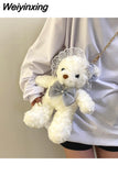 Weiyinxing Lolita Cute Bear Shoulder Bag for Girls Bow Pearl Jk Kawaii Soft Japan Style Lace Purse Women Fluffy Zipper Crossbody Bags