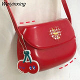 Weiyinxing Red Cherries Vintage Embroidery Pu Leather High Capacity Saddle Bag Messenger Bag Storage Bag Women Bag Purse Shoulder Bag