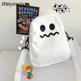 Weiyinxing White Funny Cute Ghost Kawaii Women Canvas Bag Cartoon Harajuku Chic Ins Shopper Bag Women Shoulder Bags Large Capacity