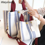 Weiyinxing Tote Bag Casual Stripe Canvas Handbag For Women Wide Shoulder Strap Bag Female 2023 Trendy Texture Shoulder Bag Commuter