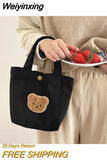 Weiyinxing Color Women Canvas Clutch Purse Handbags Cute Embroidered Bear Ladies Lunch Bento Bags Female Shopper Small Shoulder Bag