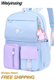 Weiyinxing Cute Cartoon Backpack Hit Color Middle School Kids Student Book Bag Casual Travel Women Rucksack Daypack with Pendant