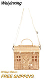 Weiyinxing House Shape Rattan Women Handbags Wicker Woven Shoulder Crossbody Bags Funny Summer Beach Straw Bag Handmade Travel Bag