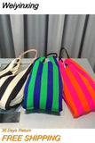 Weiyinxing 2023 Fashion Handle Handbags Women Knitted Shopping Bag Foldable stripe Printing Weave Shoulder Bags Casual Wool Totes