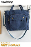 Weiyinxing Corduroy Shoulder Bag Women Vintage Shopping Bags Zipper Girls Student Bookbag Handbags Casual Tote With Outside Pocket