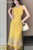 Weiyinxing Elegant Woman Knitted Sundress Thin New Patchwork Mesh Fairy Sleeveless Robe Dress Sexy Slim Elastic Ladies Clothes P503