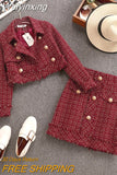 Weiyinxing Winter Small Fragrance Vintage Tweed Two Piece Set Women Single-Breasted Woolen Short Jacket Coat + Mini Skirt 2 Piece Set