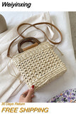 Weiyinxing Women Basket Straw Bags Wood Handle Shoulder Crossbody Bags Casual Designer Rattan Woven Summer Travel Handbag Female Beach Bags