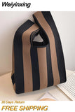 Weiyinxing Wide Striped Handmade Knitted Handbag Minimalist Korean Women Mini Knot Wrist Bag Tote Bag Student Reusable Shopping Bags