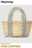 Weiyinxing Rattan Small Tote Bag Designer Rhinestone Wicker Woven Women Handbags Handmade Woven Summer Beach Bag Bali Purses 2023