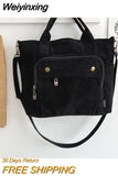 Weiyinxing Corduroy Shoulder Bag Women Vintage Shopping Bags Zipper Girls Student Bookbag Handbags Casual Tote With Outside Pocket