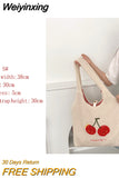 Weiyinxing Tote Bag Shopper Handbag for Women 2023 Autumn Winter Girls Casual Cute Cherry Embroidery Lmitation Wool Eco Shoulder Bags