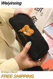 Weiyinxing Color Women Canvas Cosmetic Bags Lovely Brown Bear Embroidered Students Pen Case Handbags Female Portable Clutch Purse Bag