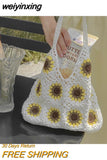 weiyinxing Sunflower Crochet Tote Bags Bohemian Granny Square Knitted Women Shoulder Bag Handmade Woven Summer Beach Handbags Small