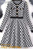 Weiyinxing New Autumn Knitted Sweater Dress Women Button Up Korean Fashion Vintage Plaid Blue Black Mini Dress Robe Femme Vestidos