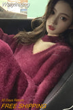 Weiyinxing V-Neck Loose Knitted Sweater Women Mink Cashmere Jumpers Oversized Elastic Casual Pullovers Lantern Sleeve Vintage X470