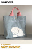 Weiyinxing Plush Bear Embroidery Women Hand Carry Handbags Retro Corduroy Female Small Tote Shoulder Bag Student Girls Lunch Bento Bag
