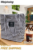Weiyinxing Plaid Women Canvas Shopping Bags Female Thin Strap Cloth Handbags Student Girls Travel Casual Tote Large Shoulder Bag