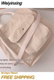 Weiyinxing Corduroy Shoulder Bag Women Vintage Shopping Bags Zipper Girls Student Bookbag Handbags Casual Tote With Outside Pocket