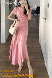 Weiyinxing Pleated Summer Mermaid Dress Women O-Neck Short Sleeve Split Long Midi Dress Sheath Sweet Elegant Pink Party Dress Z399