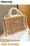 Weiyinxing Straw Bag For Women Small Woven Handmade Pearl Handbag Lady Tote Vacation Beach Bag Rattan Leisure Shoulder Bag Purse