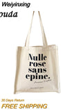 Weiyinxing Student Canvas Shoulder Bag Ladies Letter Printing Simple Female Handbag Girls Casual Large Capacity Reusable Shopping Bag