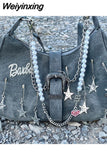 Weiyinxing Vintage Y2k Womens Shoulder Bag Goth Stars Crossbody Bag for Phone Pins Pearl Chain 2023 New Fashion Female Luxury Handbags
