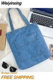 Weiyinxing Large Capacity Women Shoulder Bags Wild Casual Handbag Street Canvas Denim Shoulder Bag Solid Color Zipper Shopping Bag