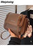 Weiyinxing Vintage Simple Shoulder Bag Pu Leather Solid Color College Style High Quality Casual New Fashion Square Flap Messenger Bag