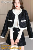 Weiyinxing Street French Luxury Fashion Sequins Tweed Two Piece Set Women Short Jacket Coat + Skirt Suits Small Fragrance 2 Piece Sets