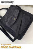 Weiyinxing Corduroy Shoulder Bag Women Vintage Shopping Bags Zipper Girls Student Bookbag Handbags Casual Tote With Outside Pocket
