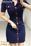 Weiyinxing Women Mini Knitted Dress Vintage Metal Buttons High Waist Sheath Pencil Dresses Turn-down Neck Elegant Dress Office Lady N237