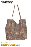 Weiyinxing Korean Fashion Handbag Simple Large Capacity Handbags Wool Totes Plaid Shoulder Bag Female Vintage Wild Bags