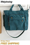 Weiyinxing Corduroy Shoulder Bag Women Vintage Shopping Bags Zipper Girls Student Bookbag Handbags Casual Tote With Outside Pocket